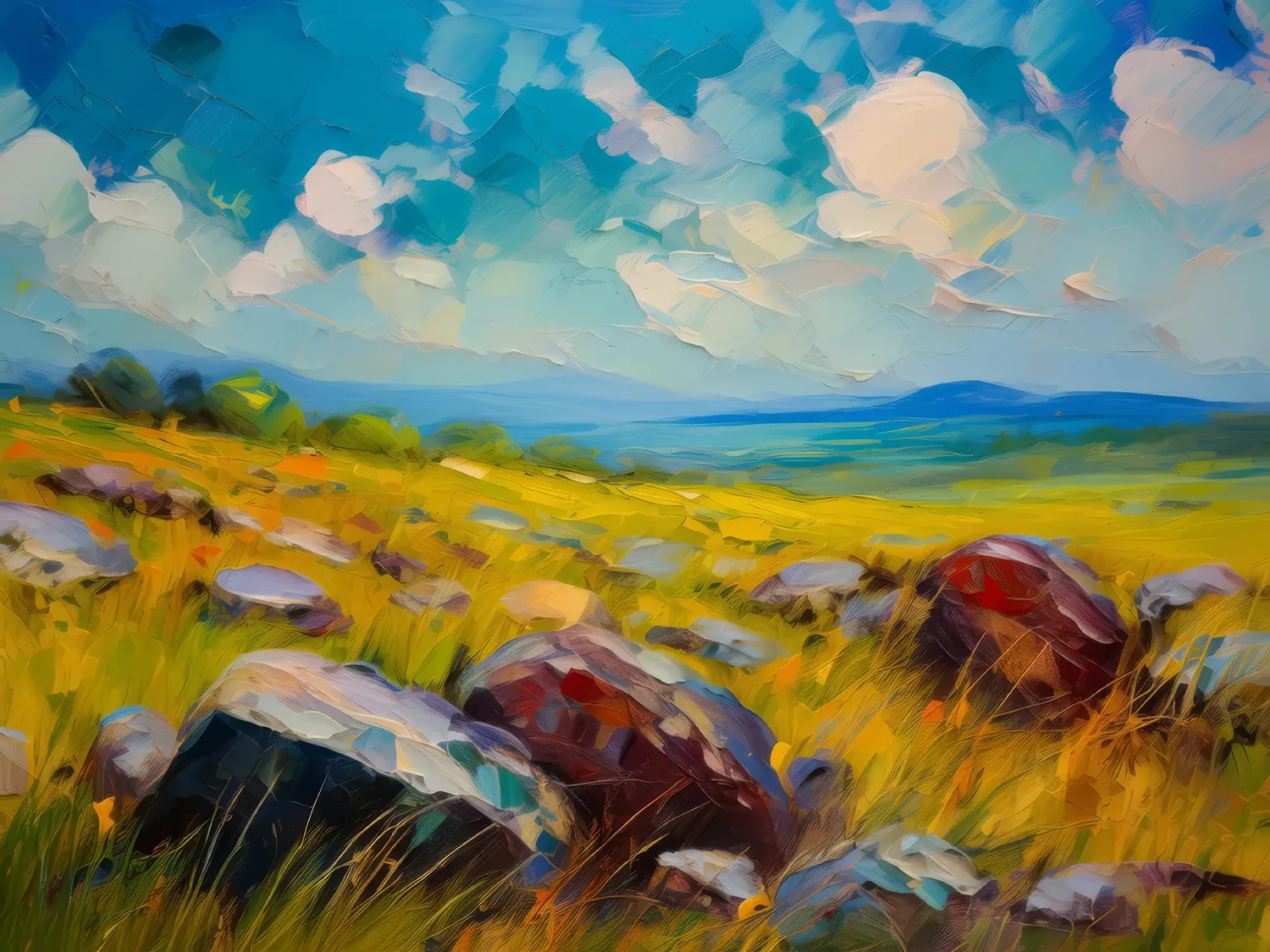 Painting: Grassland with Scattered Rocks