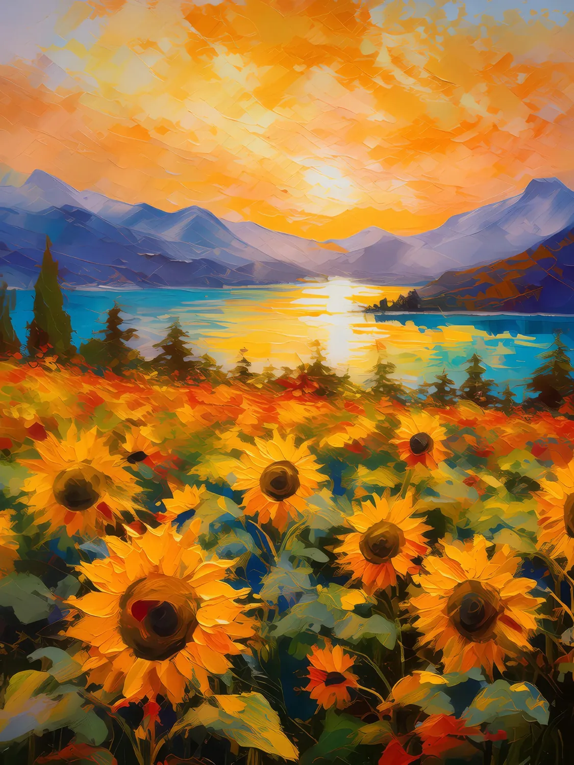 Painting: Lakeside Sunflower Field Sunset