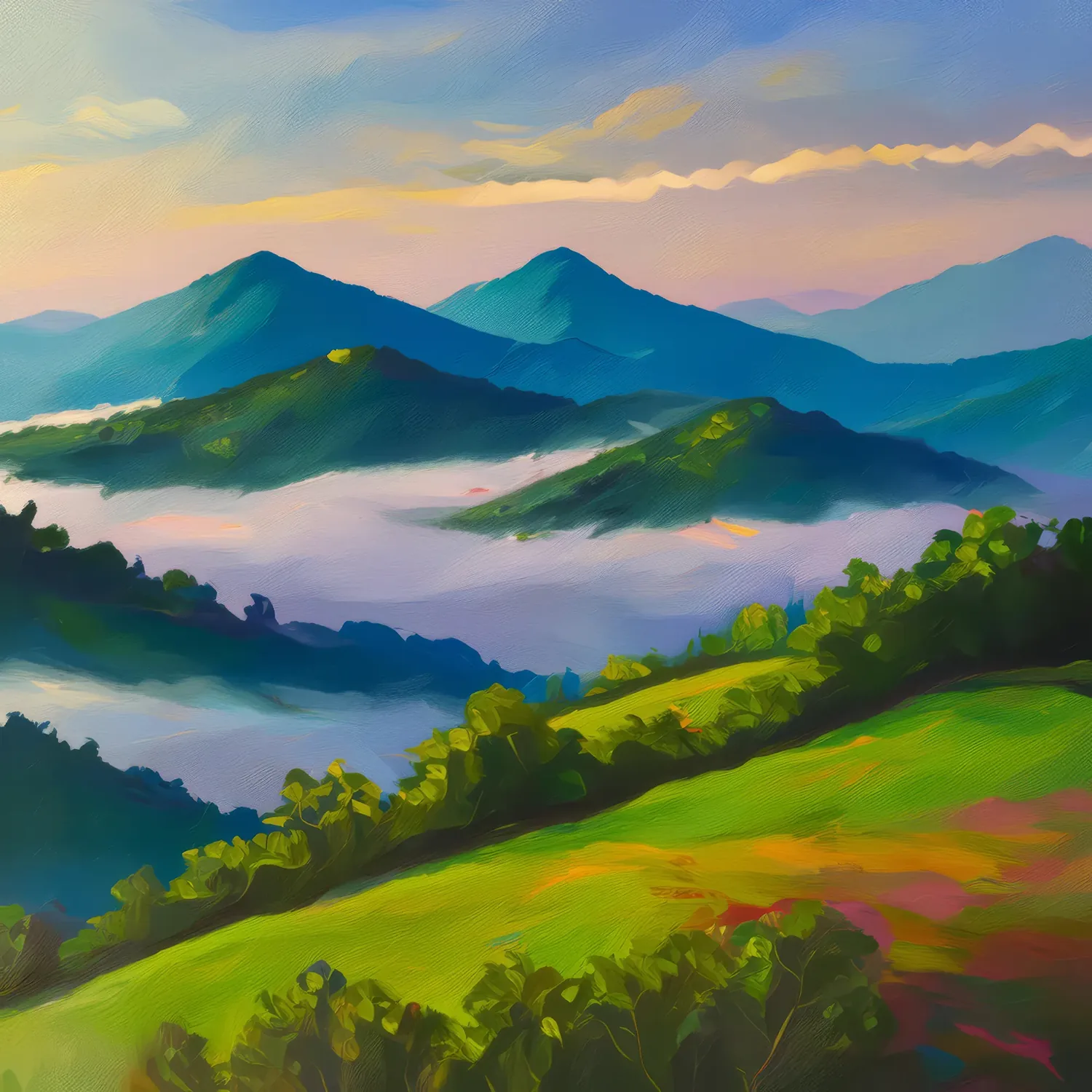 Painting: Morning Mist Over Green Hill