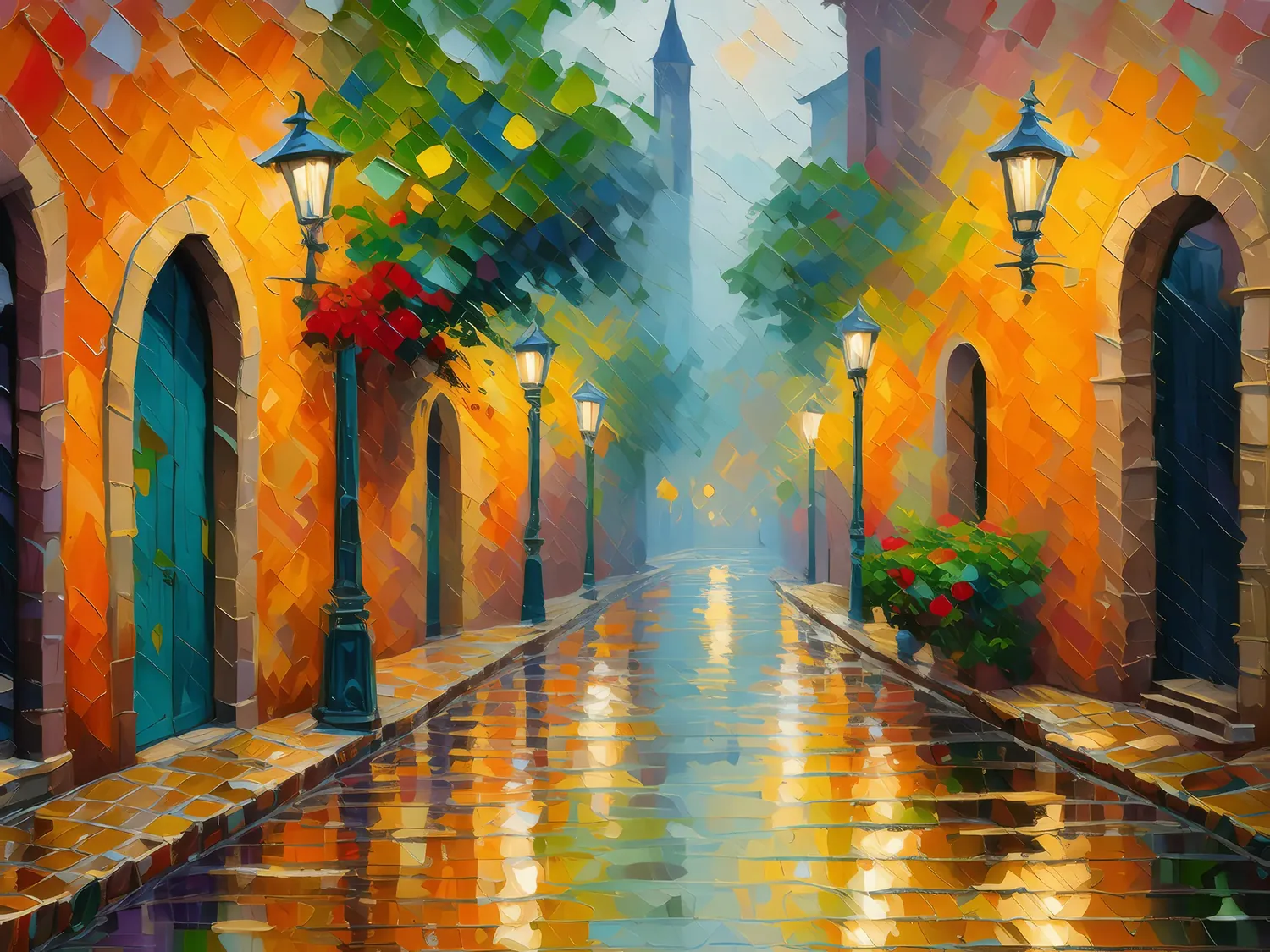 Painting: Old City Alley in Rain