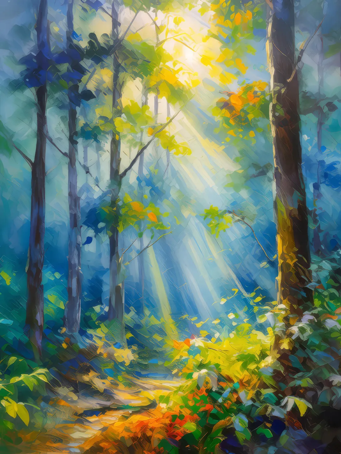 Painting: Sunbeam Pierces Forest Mist