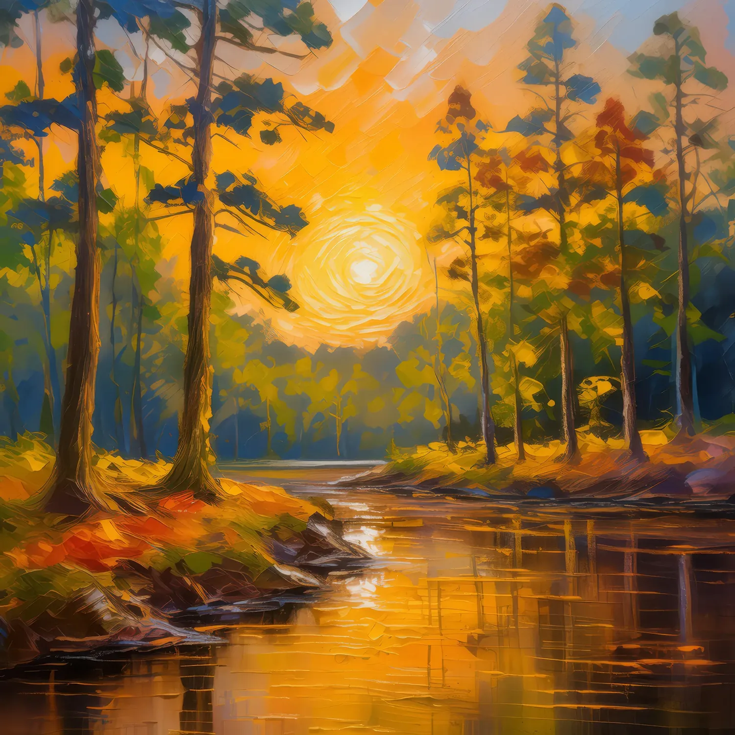 Painting: Sunset’s Last Light in Woods