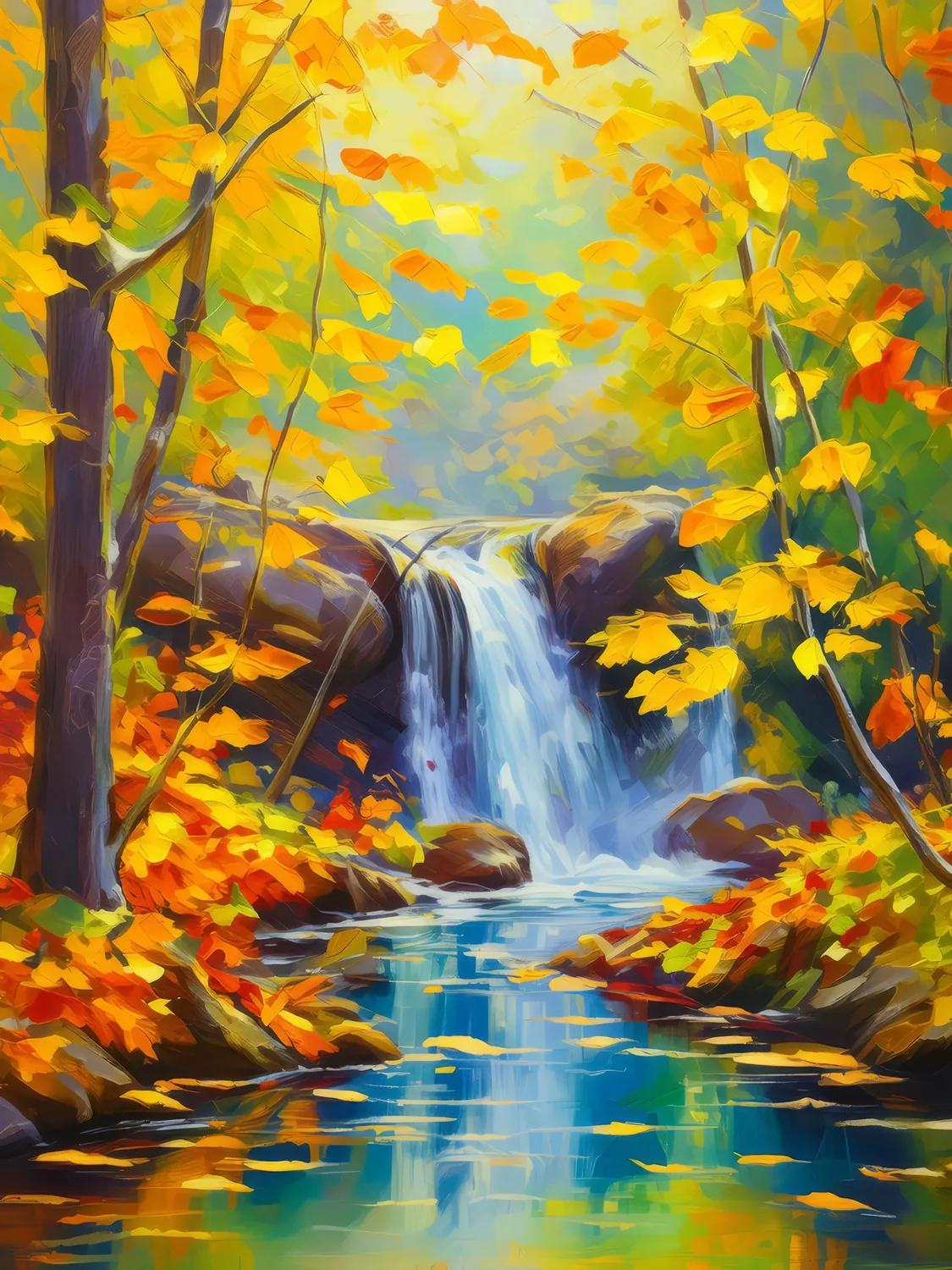 Painting: Waterfall Amidst Autumn Glory