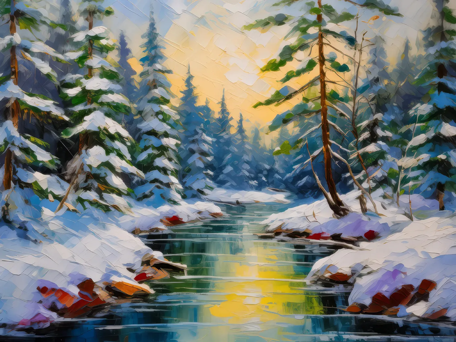Painting: Winter Boreal River Crossing