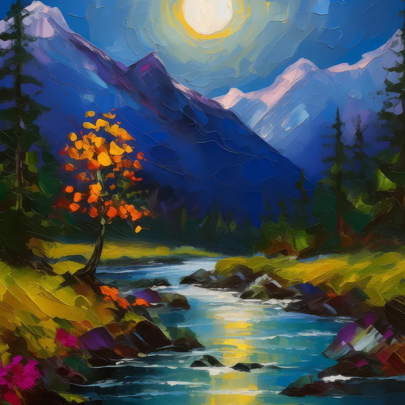 Painting: Alpine River by Moonlight