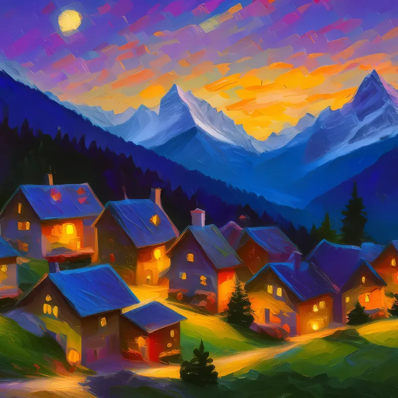Painting: Alpine Village at Dusk