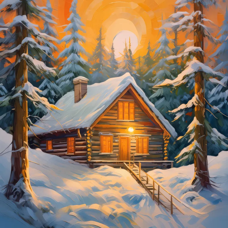 Painting: Boreal Forest Cabin in Winter