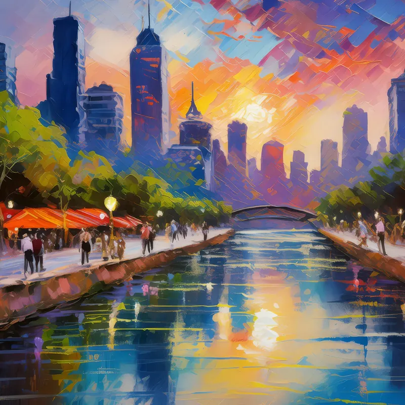 Painting: Busy City Riverfront