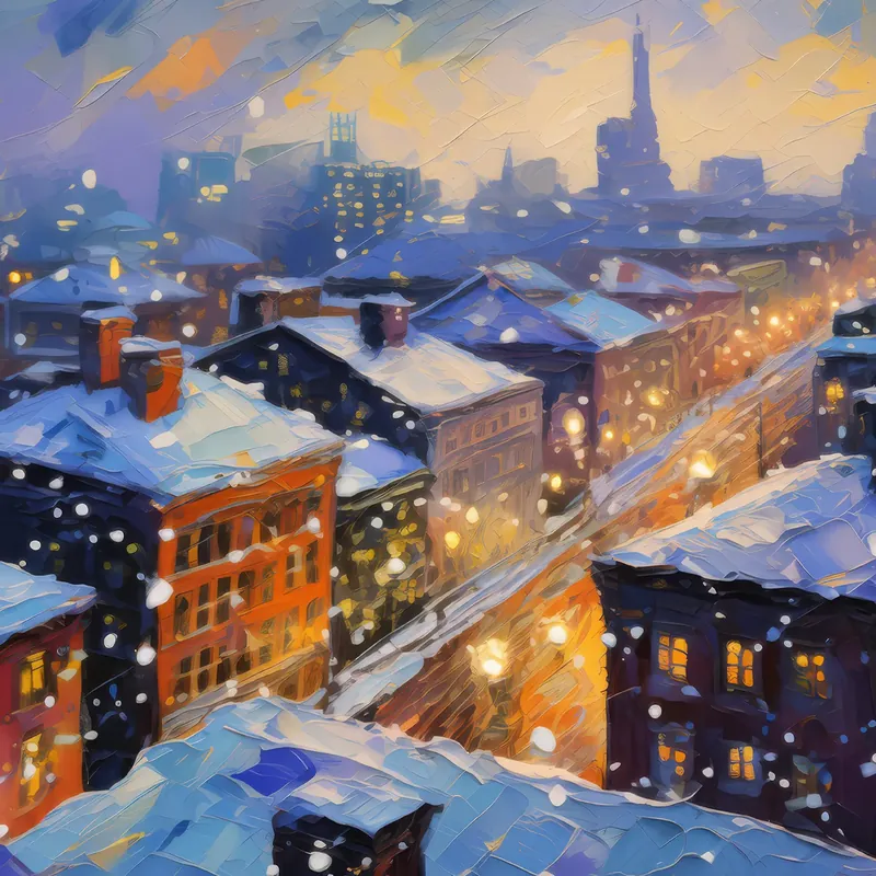 Painting: City Rooftop Snowfall