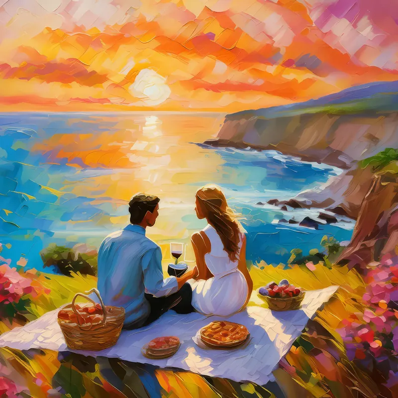 Painting: Cliffside Sunset Picnic