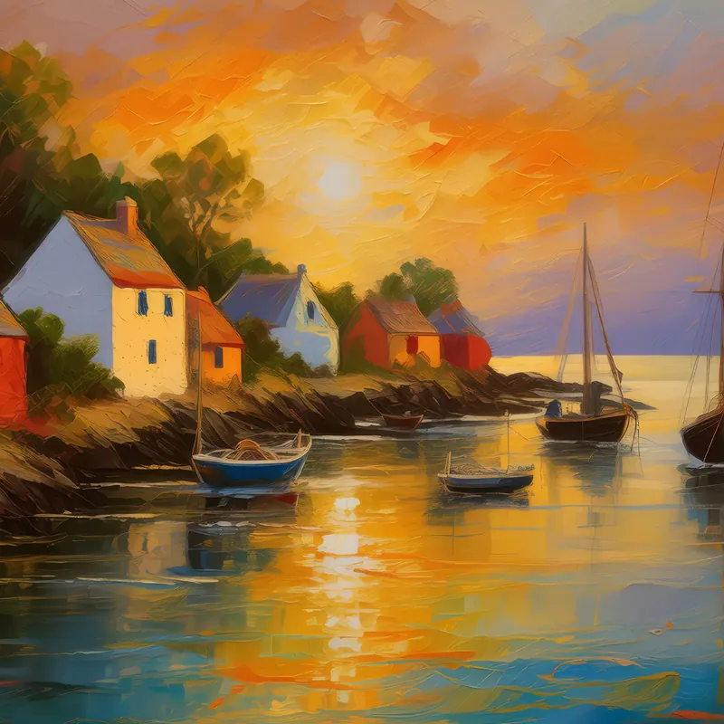 Painting: Coastal Fishing Village at Dusk