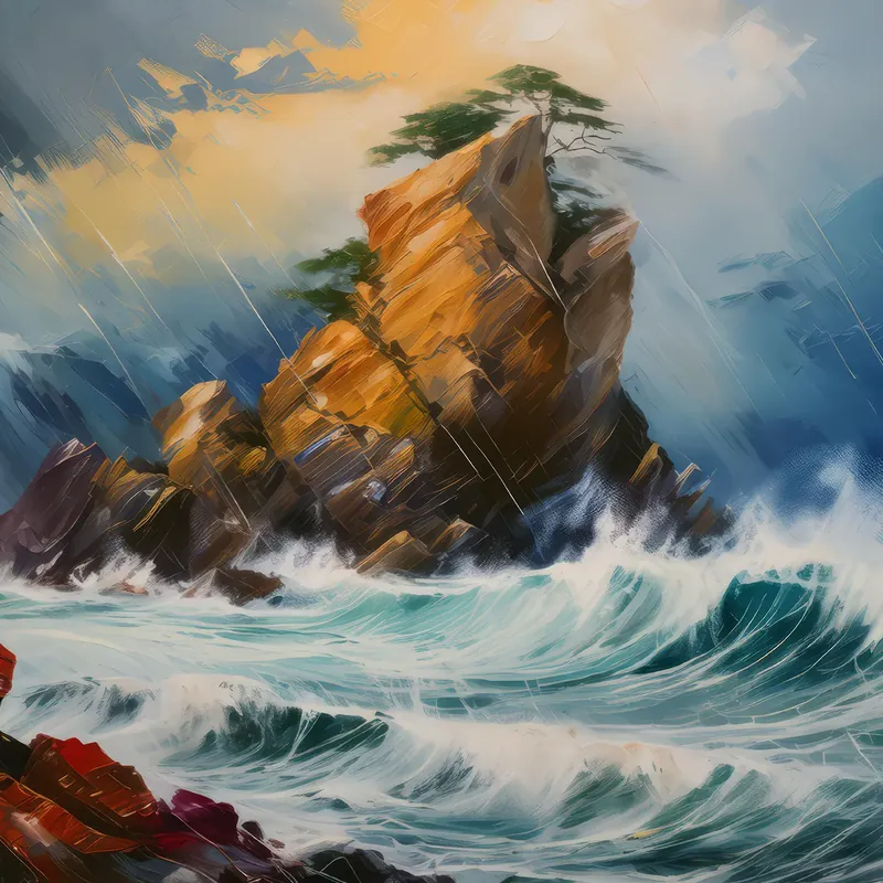 Painting: Defiant Crag Amidst Nature’s Fury