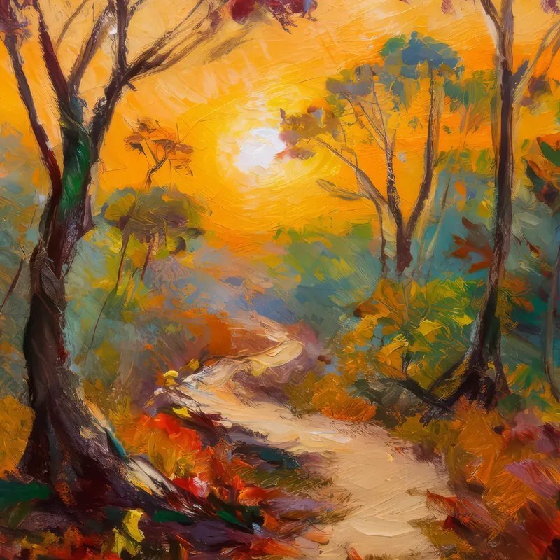 Painting: Dry Forest Sunset Path