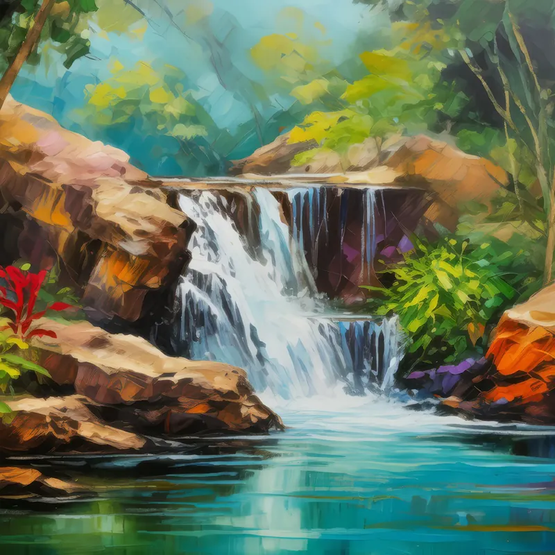 Painting: Dry Forest Waterfall Scene