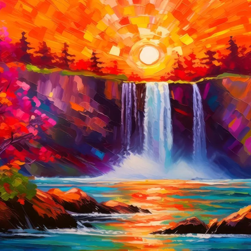 Painting: Fiery Sunset Behind Waterfall