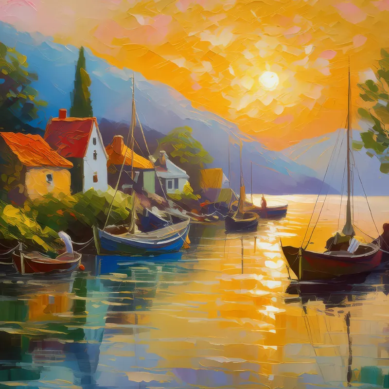 Painting: Fishing Village at Sunrise