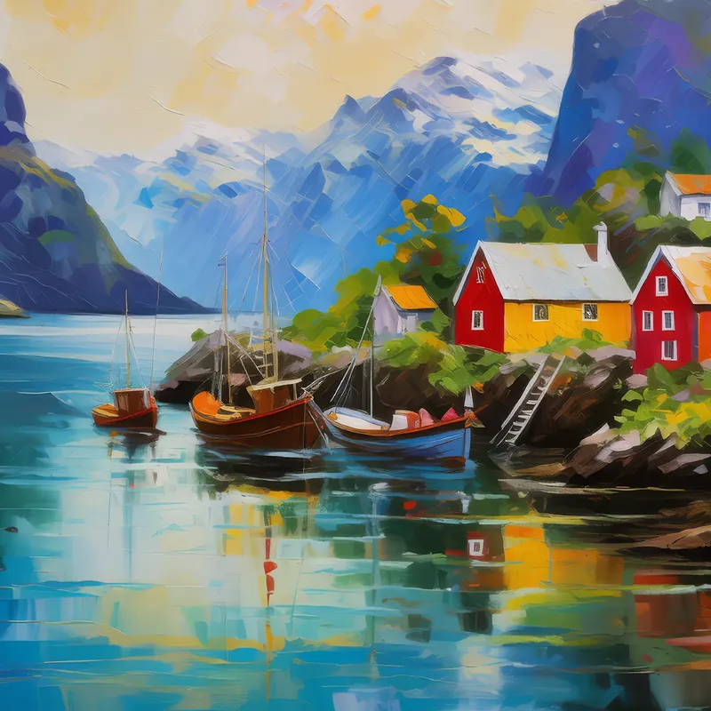 Painting: Fjord Fishing Village Life