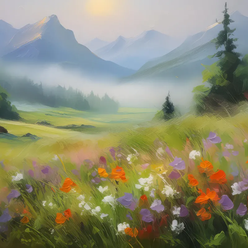 Painting: Foggy Highland Meadow