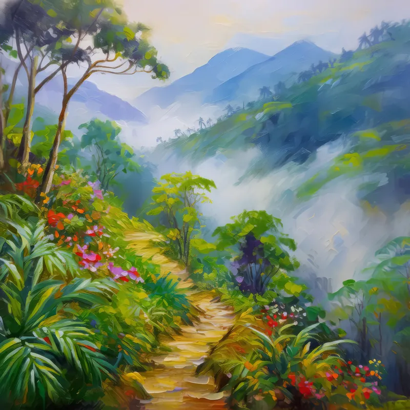 Painting: Foggy Morning Mountain Trek