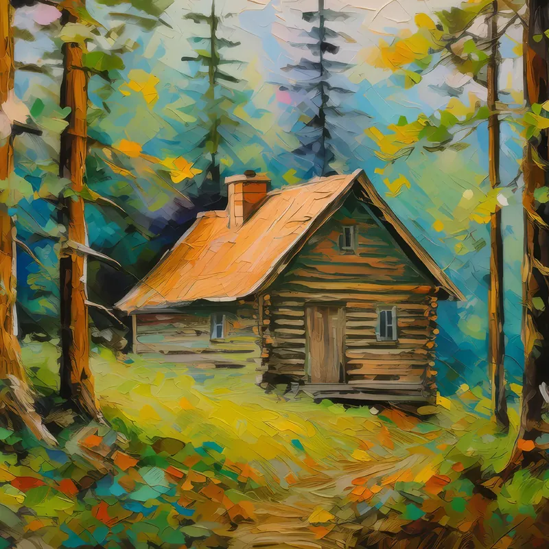 Painting: Forest Wooden Cabin