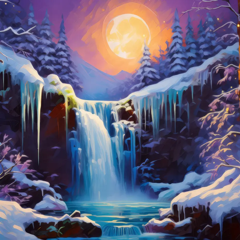 Painting: Frozen Waterfall by Moonlight