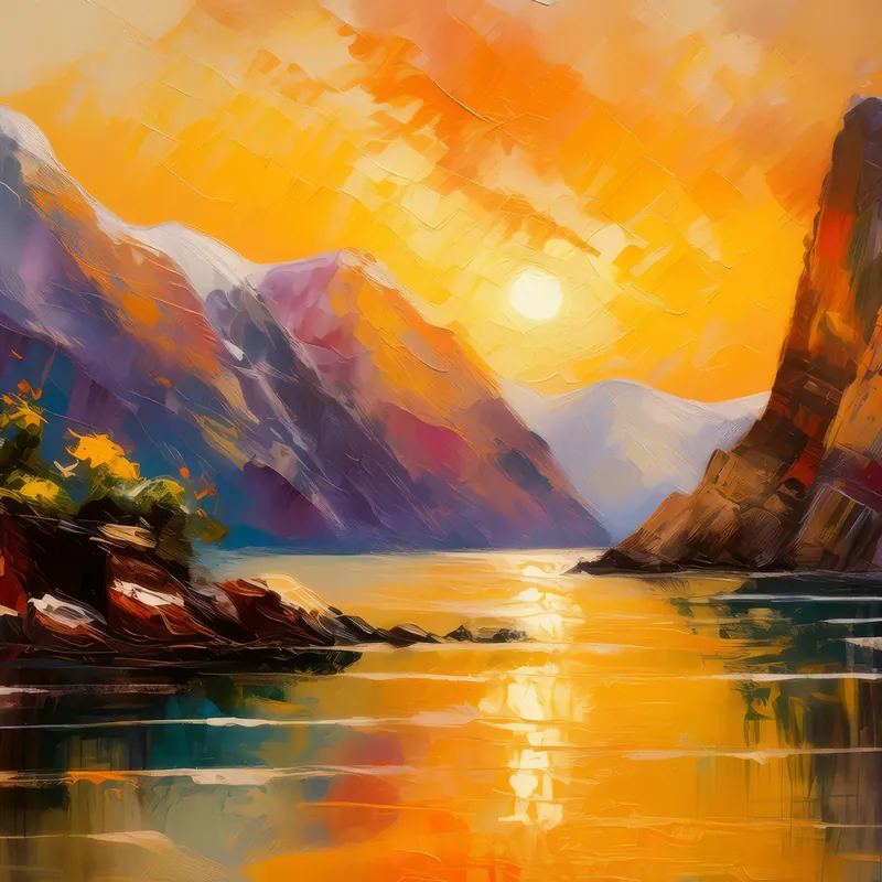 Painting: Golden Sunset Along the Fjord