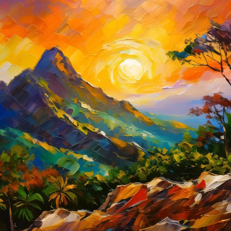 Painting: Golden Sunset Mountain Scene