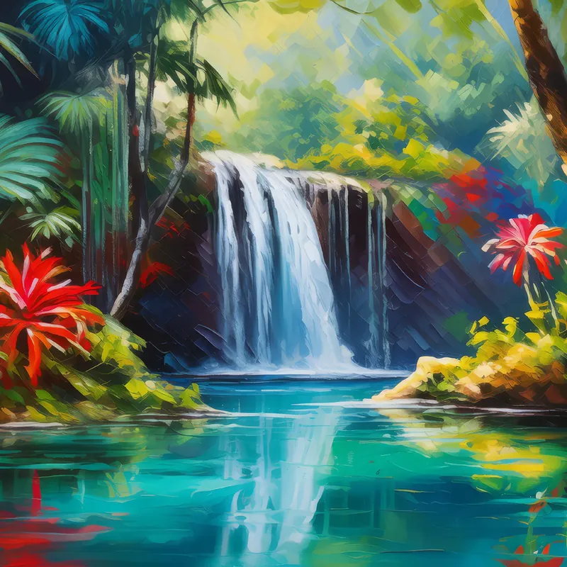 Painting: Hidden Waterfall in Tropical Forest