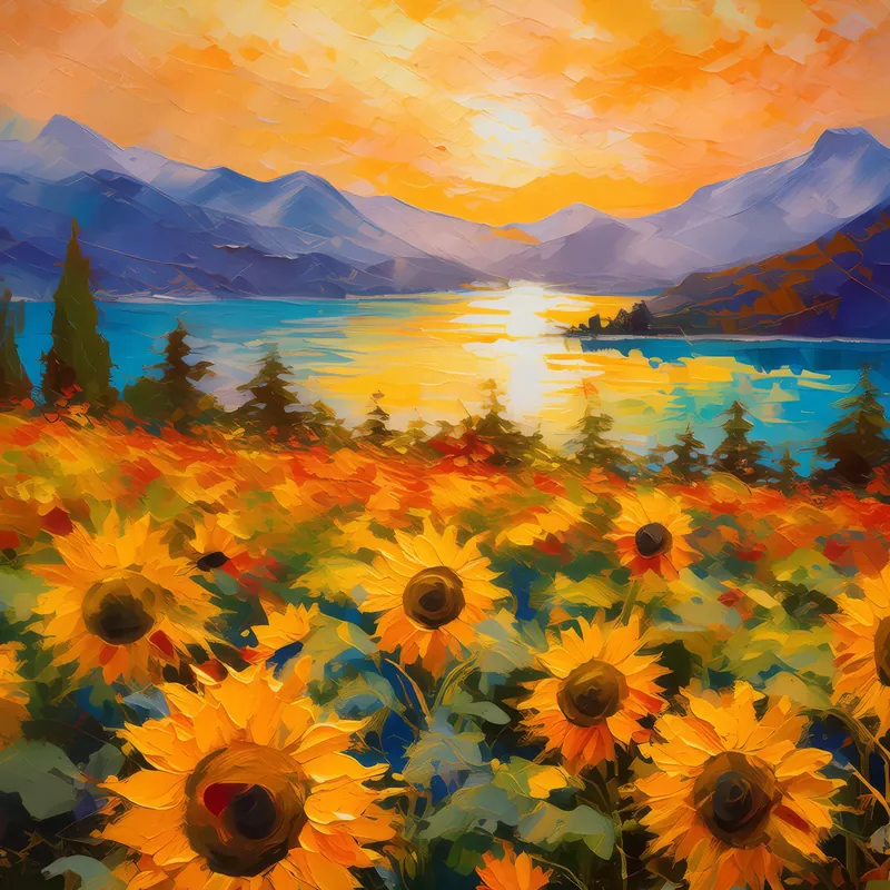 Painting: Lakeside Sunflower Field Sunset