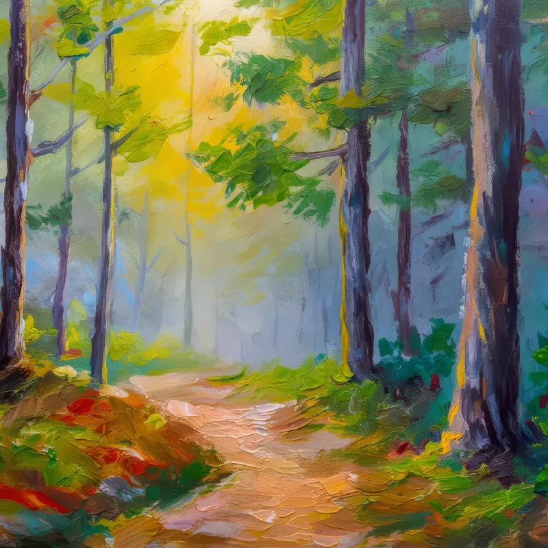 Painting: Misty Forest Trail at Dawn