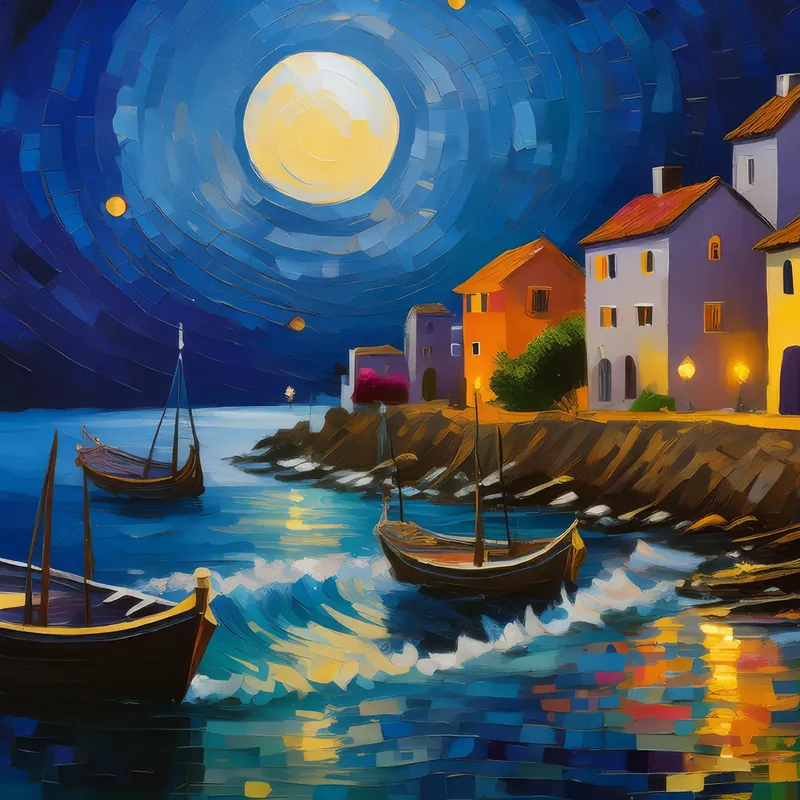 Painting: Moonlit Seaside Town