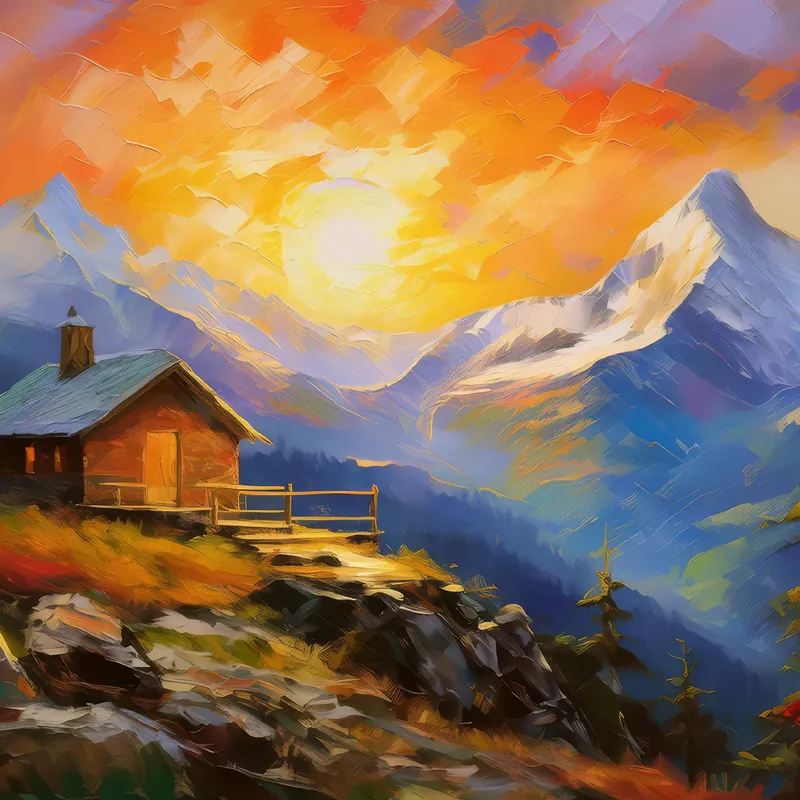 Painting: Mountain Refuge at Sunset