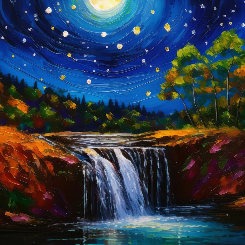 Painting: Night Sky Waterfall View