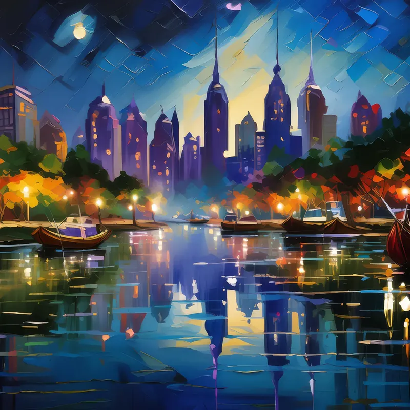 Painting: Nighttime Cityscape with River