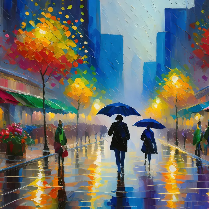 Painting: Rain-Drenched Cityscape
