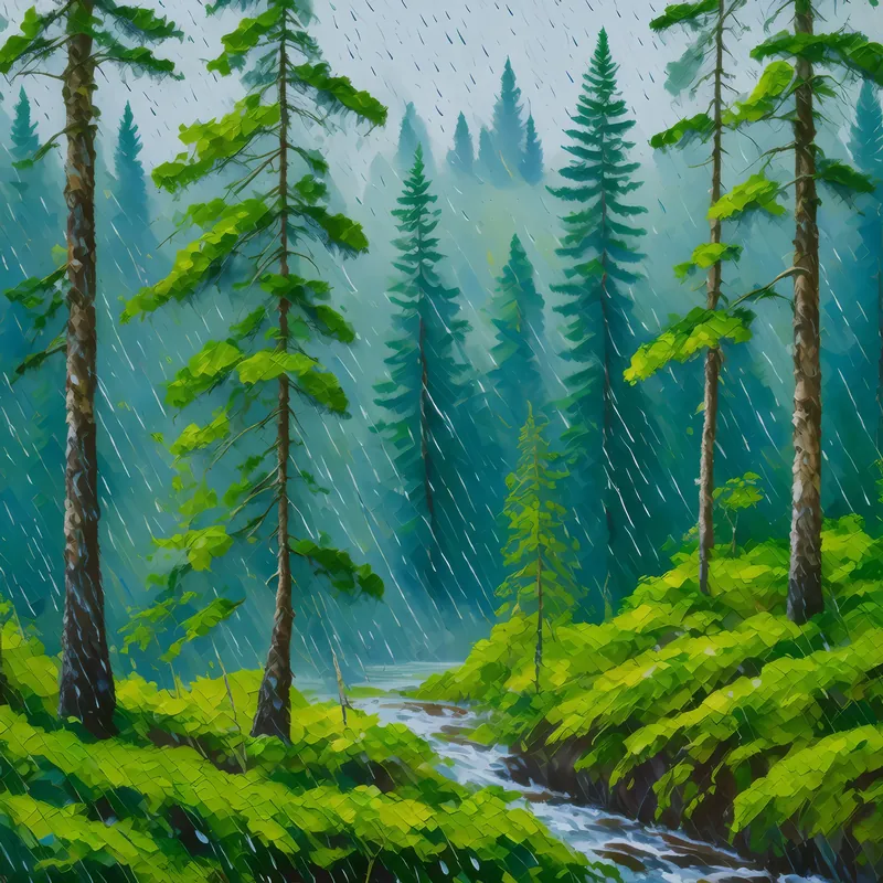 Painting: Rain-soaked Boreal Forest