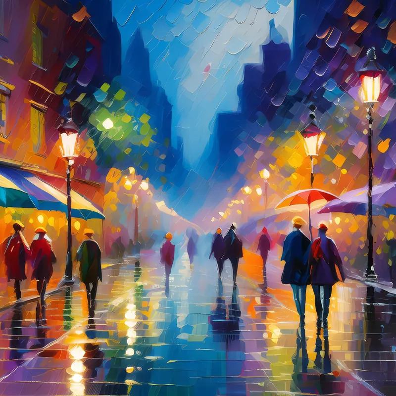 Painting: Rain-soaked City Street at Night
