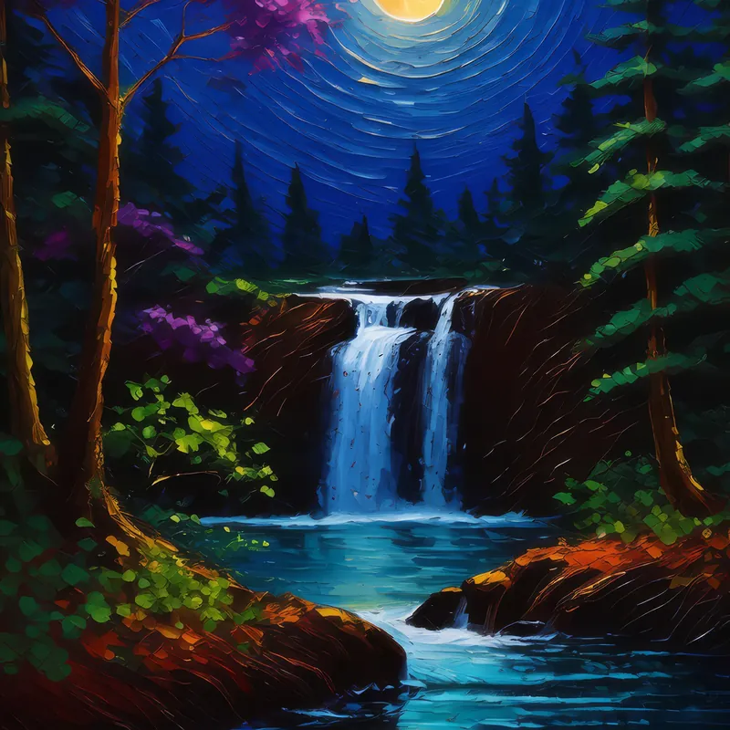 Painting: Reflective Waterfall at Night
