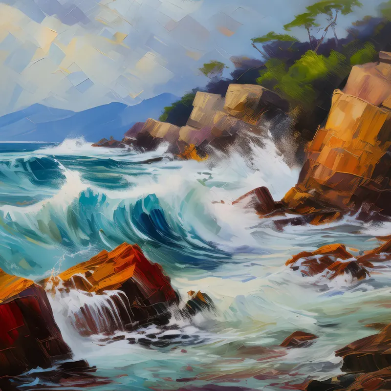 Painting: Rocky Shoreline at High Tide