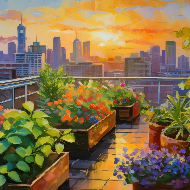 Painting: Rooftop Garden at Sunset