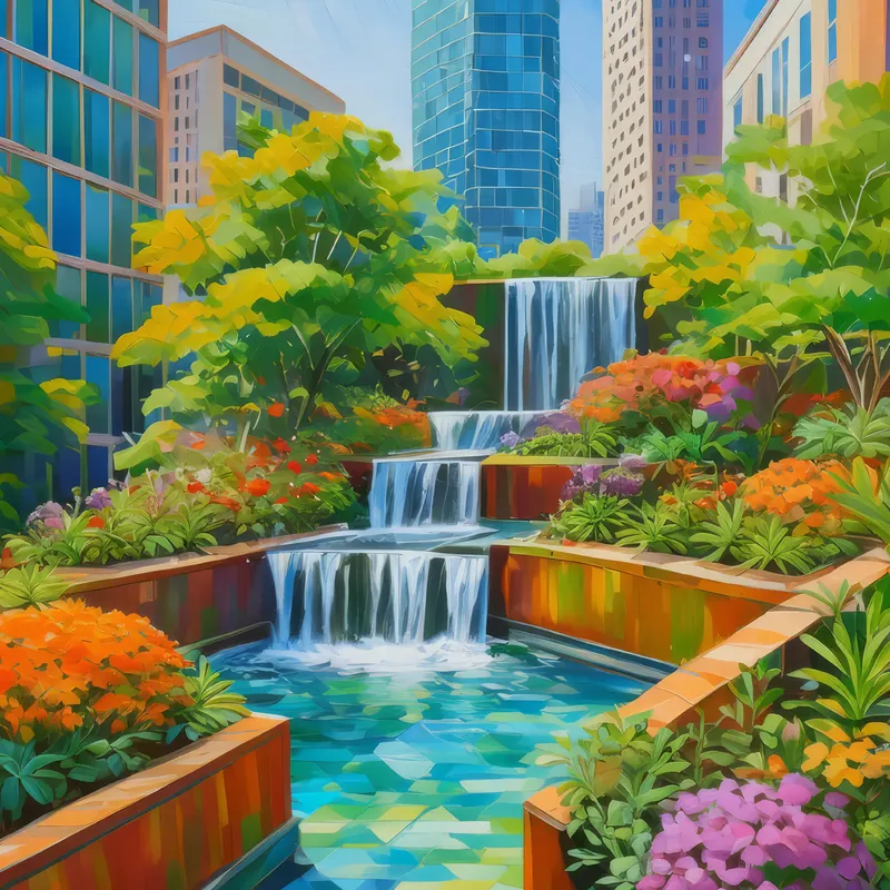 Painting: Rooftop Waterfall Garden