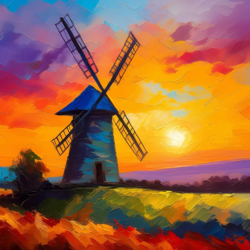 Painting: Rural Windmill at Sunset