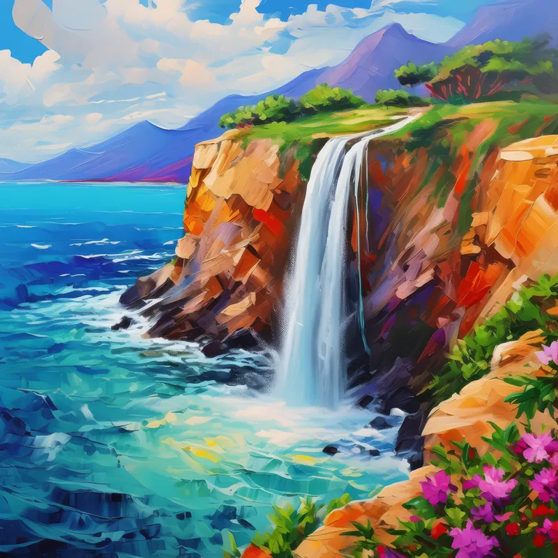 Painting: Seaside Cliff Waterfall