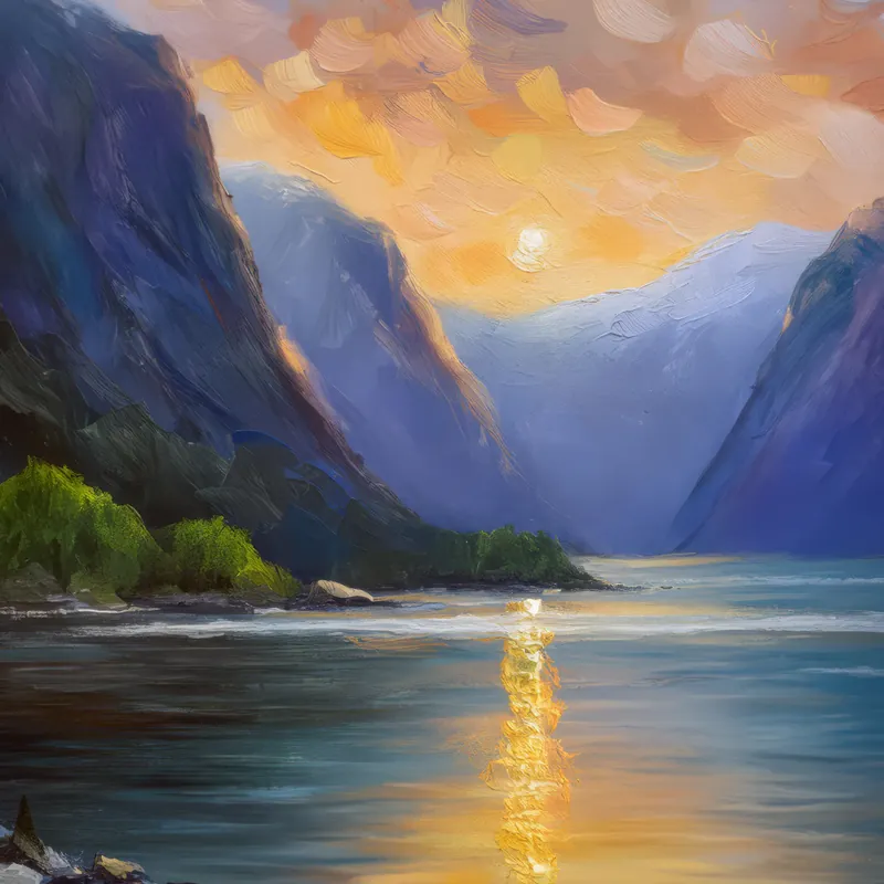 Painting: Serene Dawn Over the Fjord