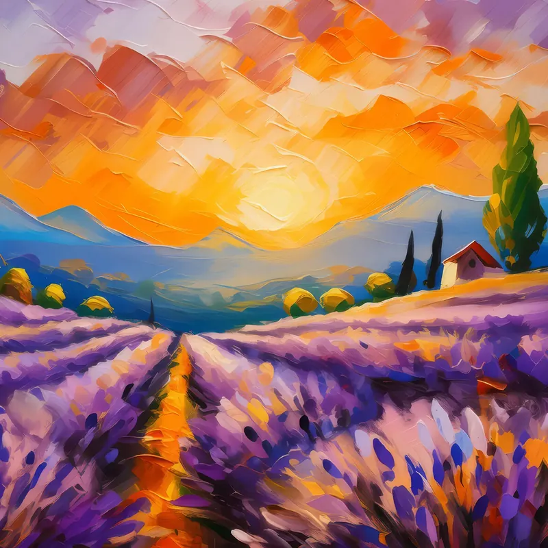 Painting: Serene Lavender Fields at Sunset