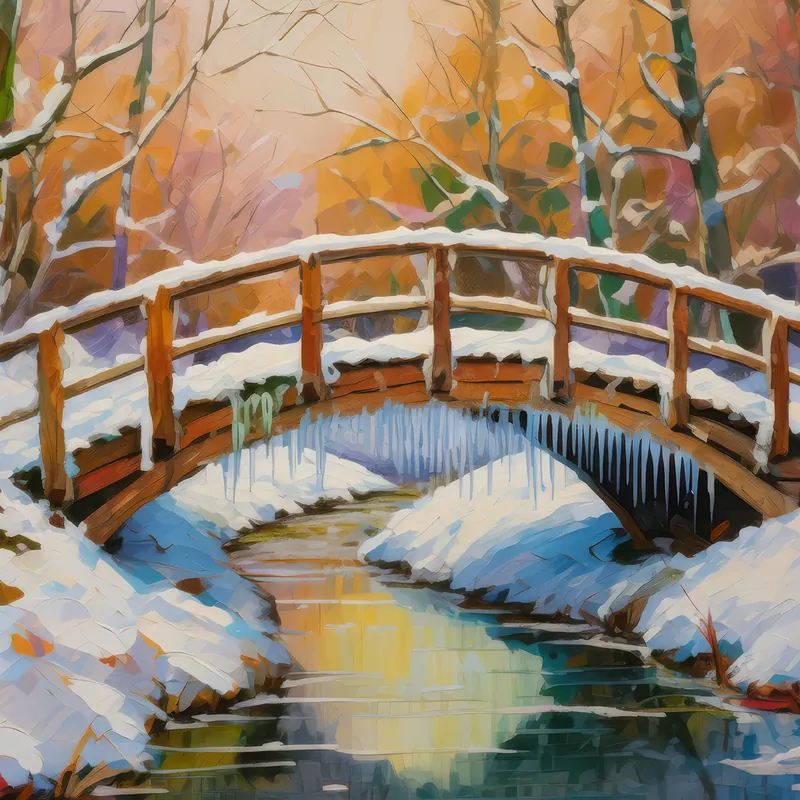 Painting: Snowy Bridge Over Creek