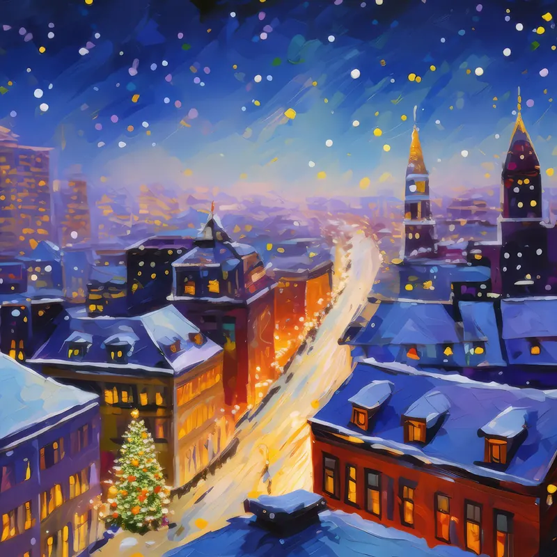 Painting: Snowy City Rooftop View