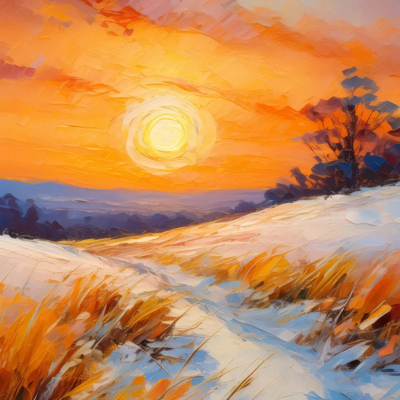 Painting: Snowy Grassland at Sunset
