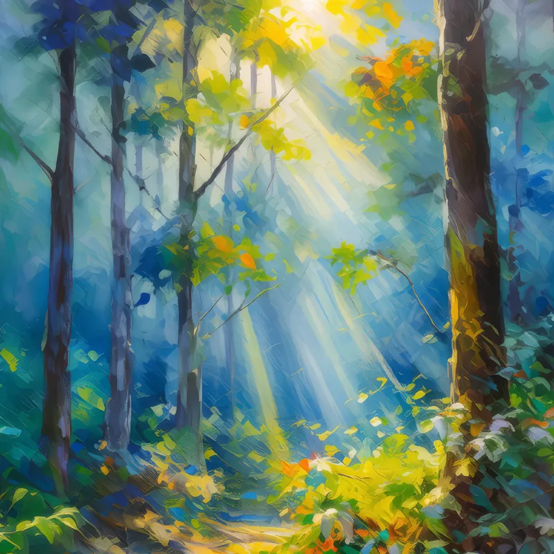 Painting: Sunbeam Pierces Forest Mist