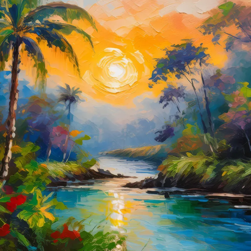Painting: Sunrise Over Jungle River